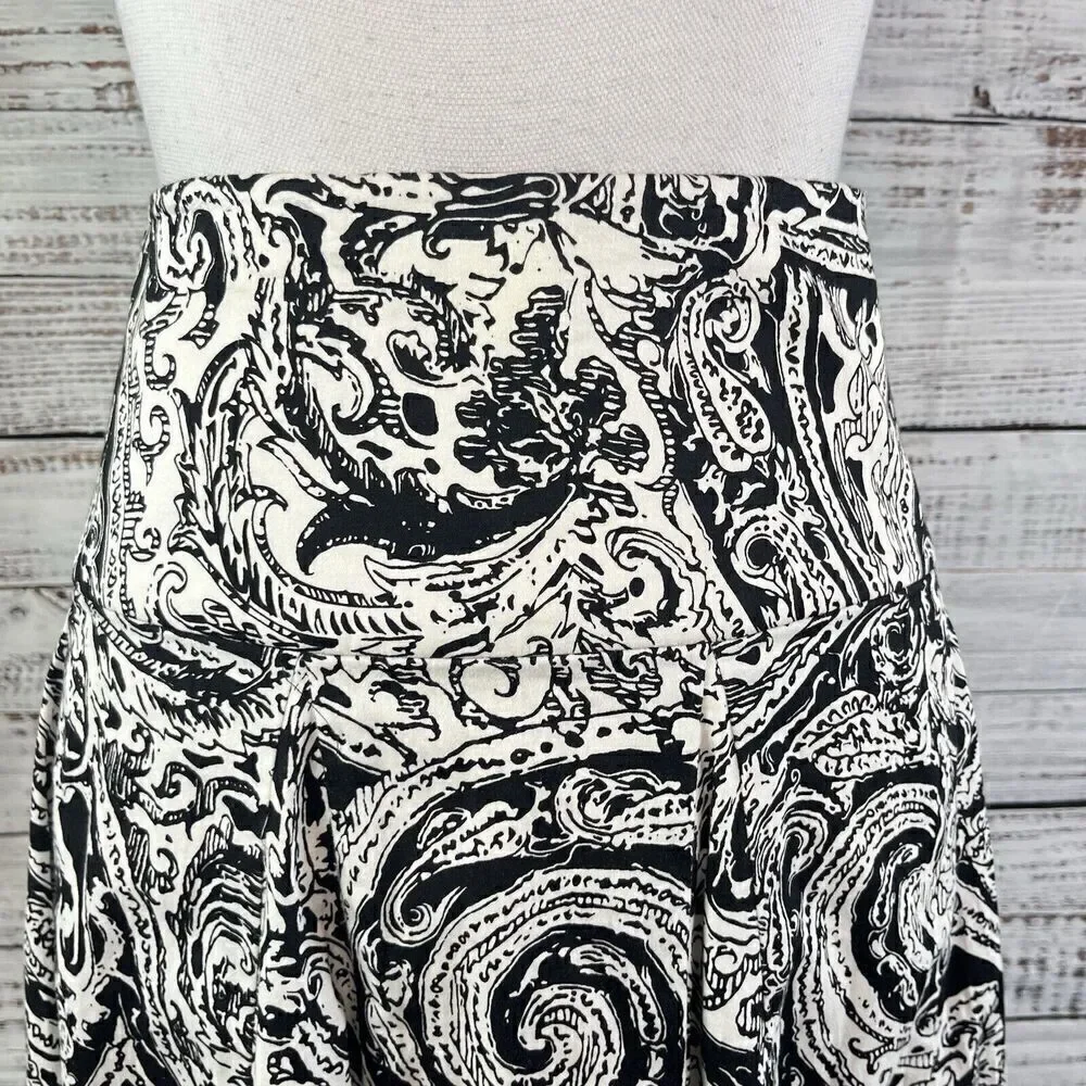 Chaps Skirt size 10 Black White Paisley Knee Full Boho Peasant Modest Summer